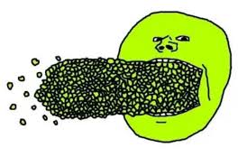 Peajak releasing an enormous quantity of peas from his mouth